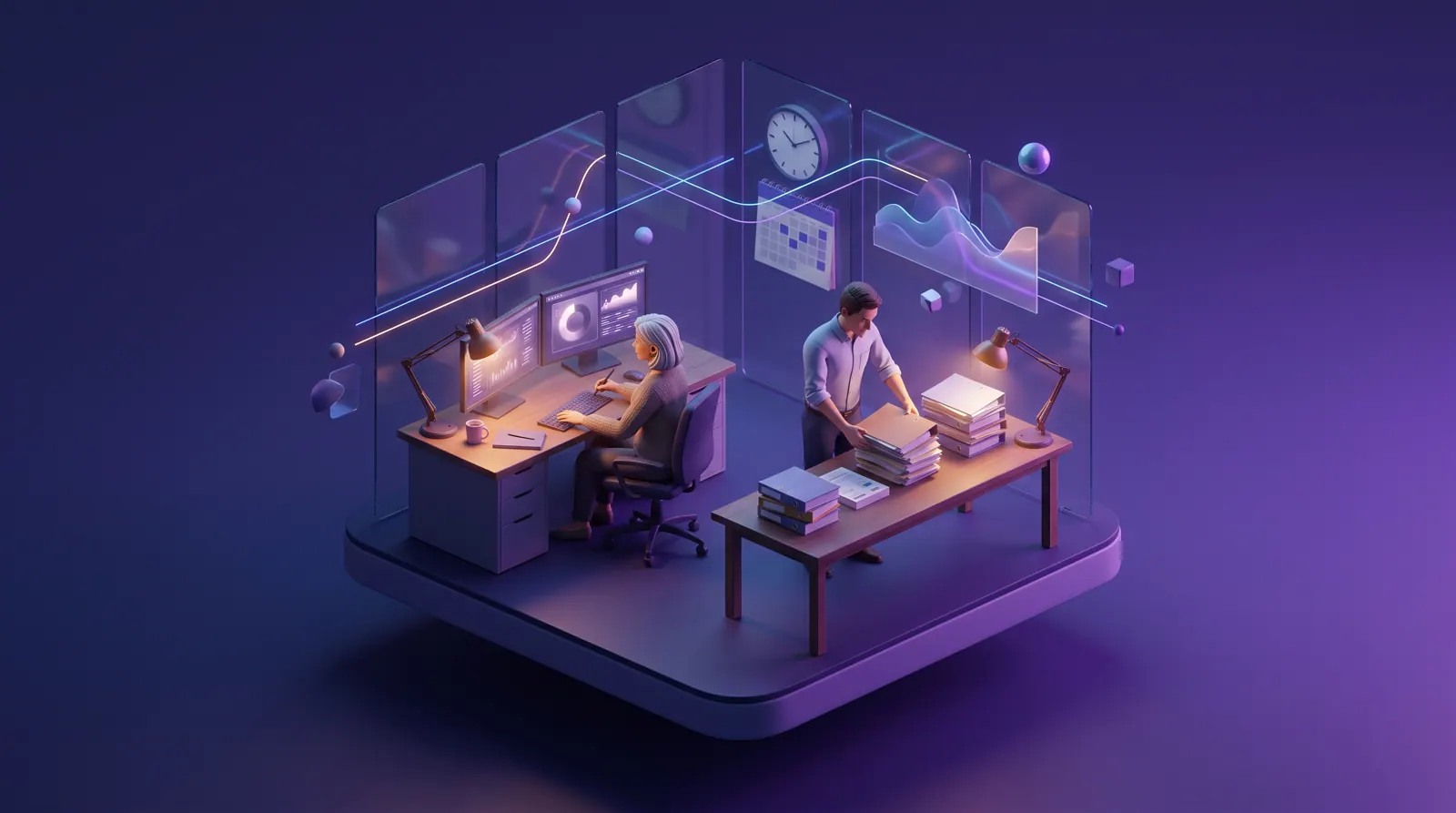 A tax manager reviewing a return on two monitors while a colleague sorts client folders in an accounting firm workroom at dusk