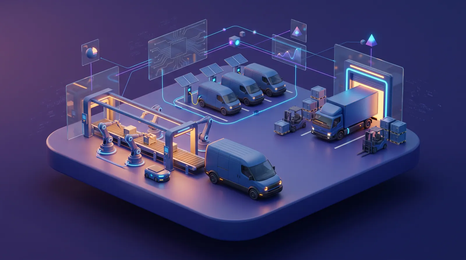 Electric van leaving an assembly line, with a charging depot and a supplier truck at a loading dock behind it