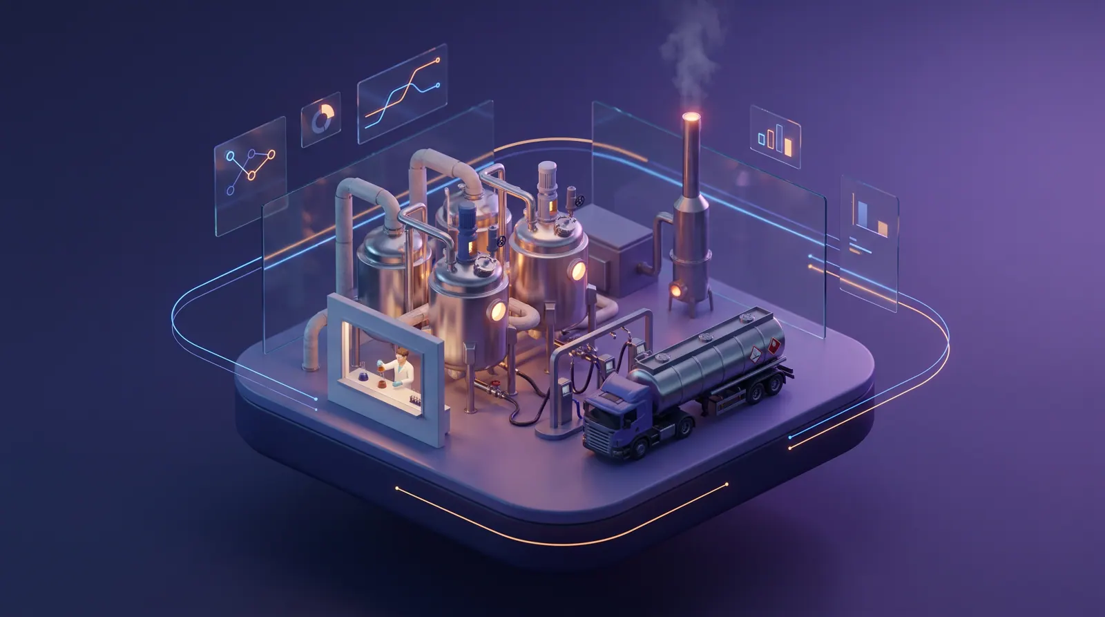 Chemical plant with reactors, a QC lab bench, a placarded tank truck at the loading rack and an oxidizer stack