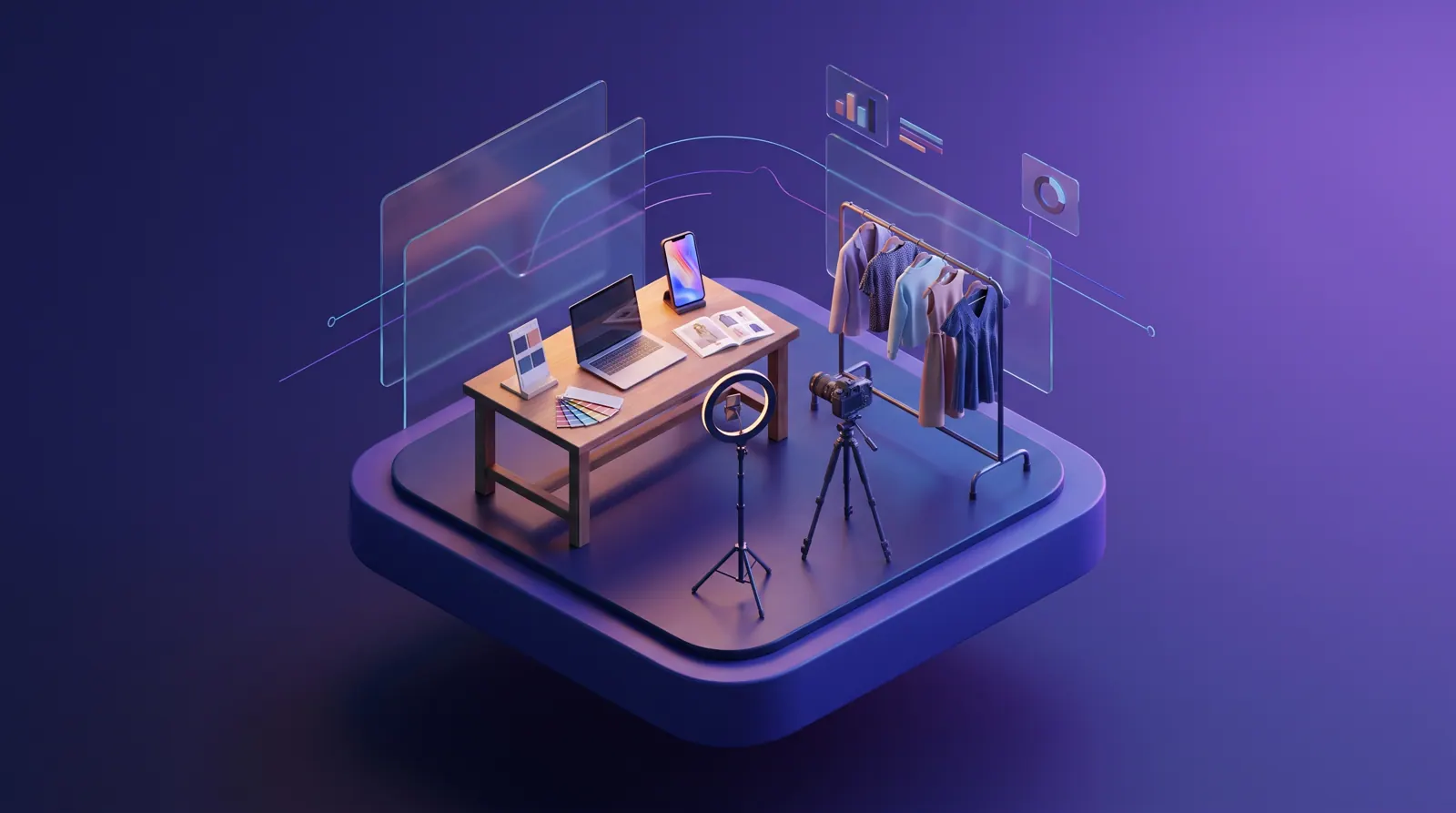 A creator studio with a clothing rail, ring light, camera and laptop on a worktable beside fabric swatches and a lookbook.