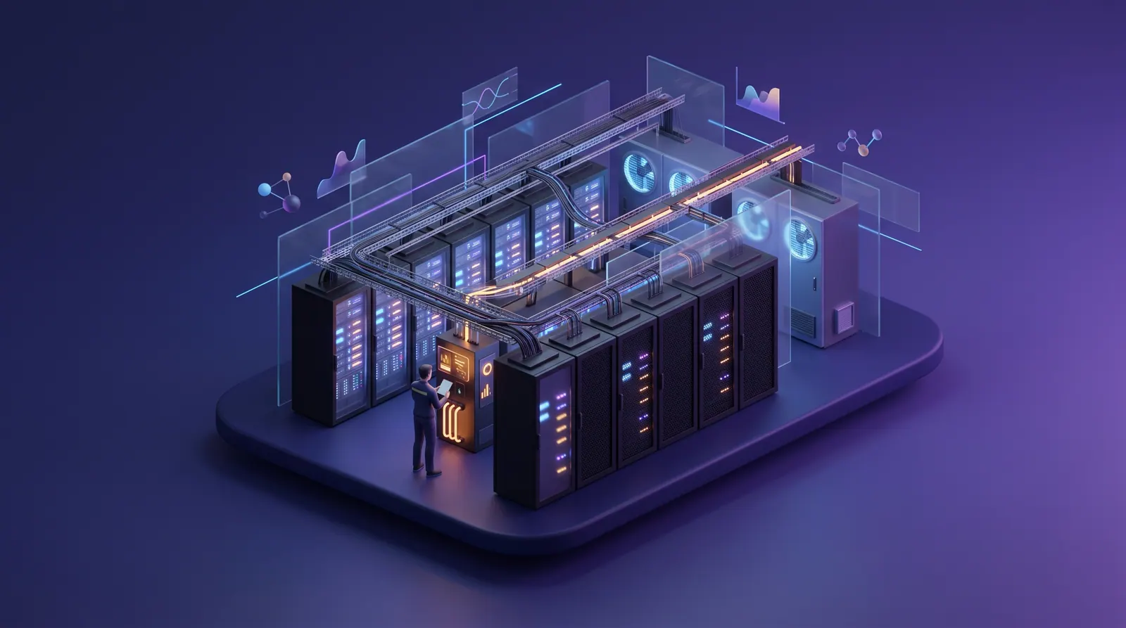 A technician with a tablet checks power equipment in a quiet data center cold aisle between caged server cabinets.