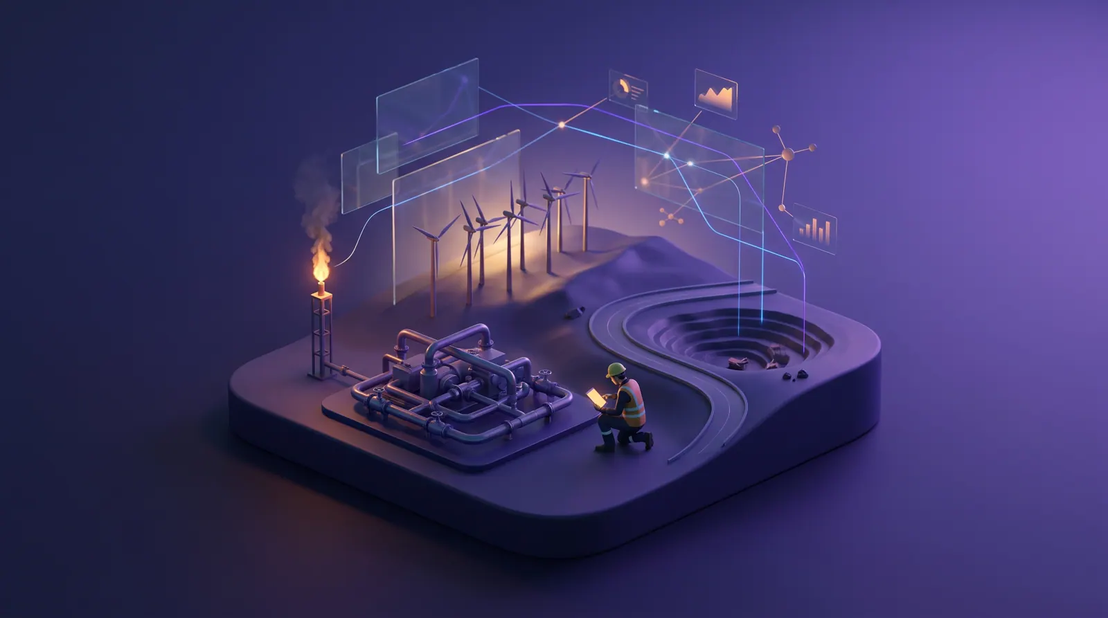 Field technician with a tablet at a compressor station at dusk, with wind turbines and an open-pit mine in the distance