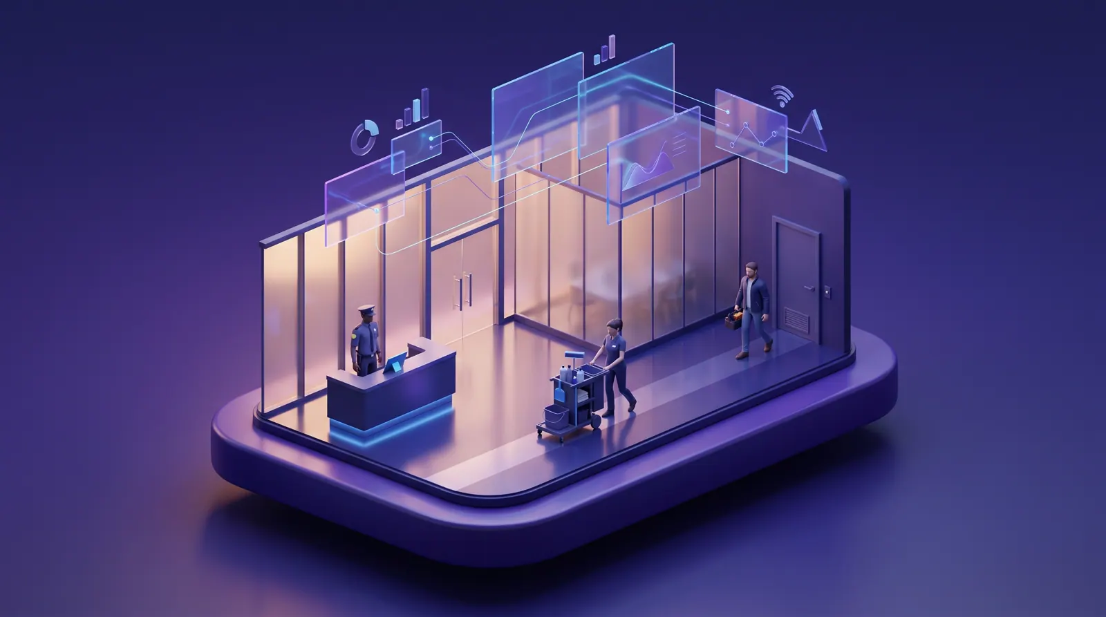 A security officer, a cleaner and an engineer at work in a bright office building lobby in the early morning.