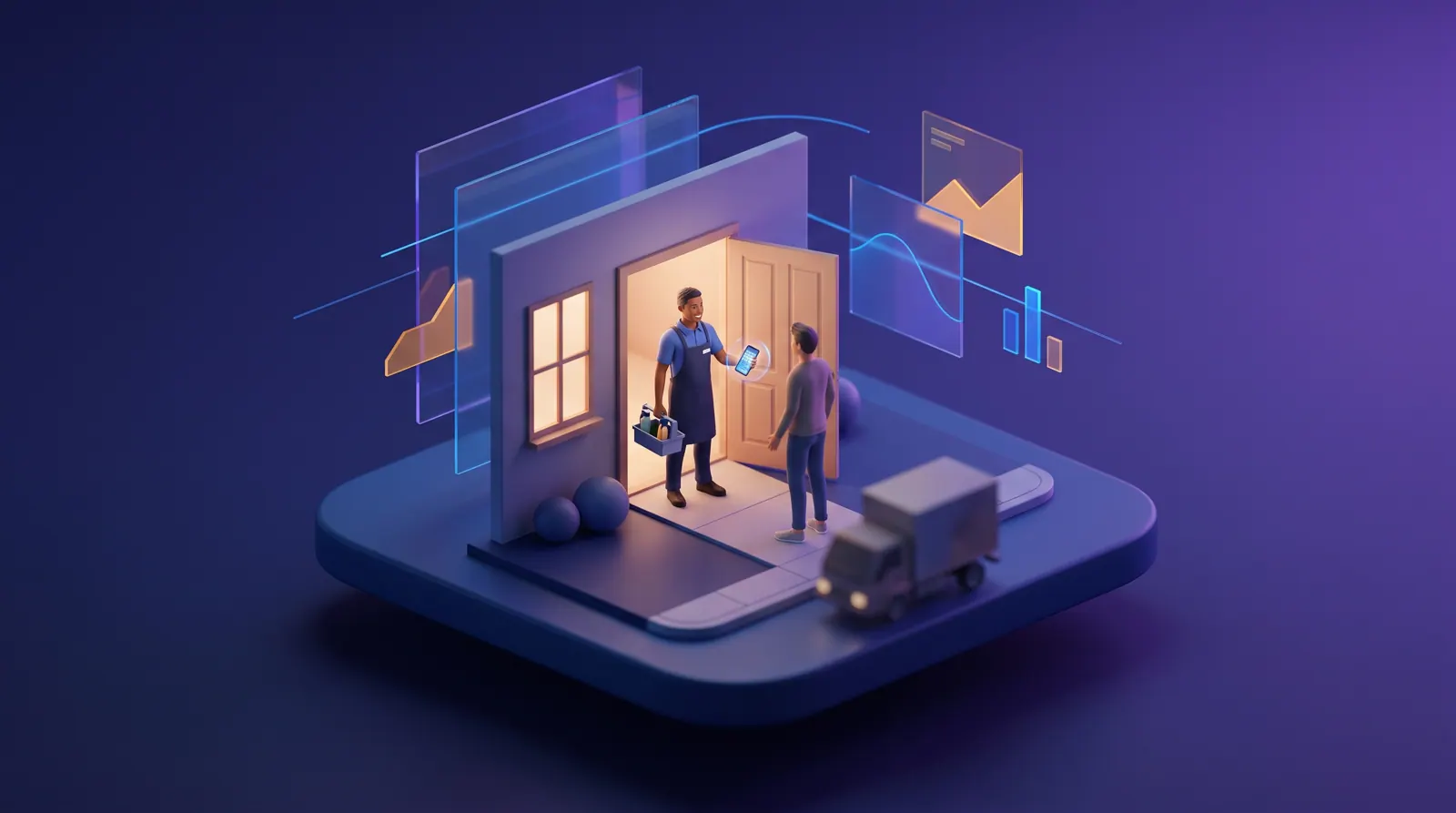 A home services pro arrives at a customer's front door with a supplies caddy and a phone showing the job.