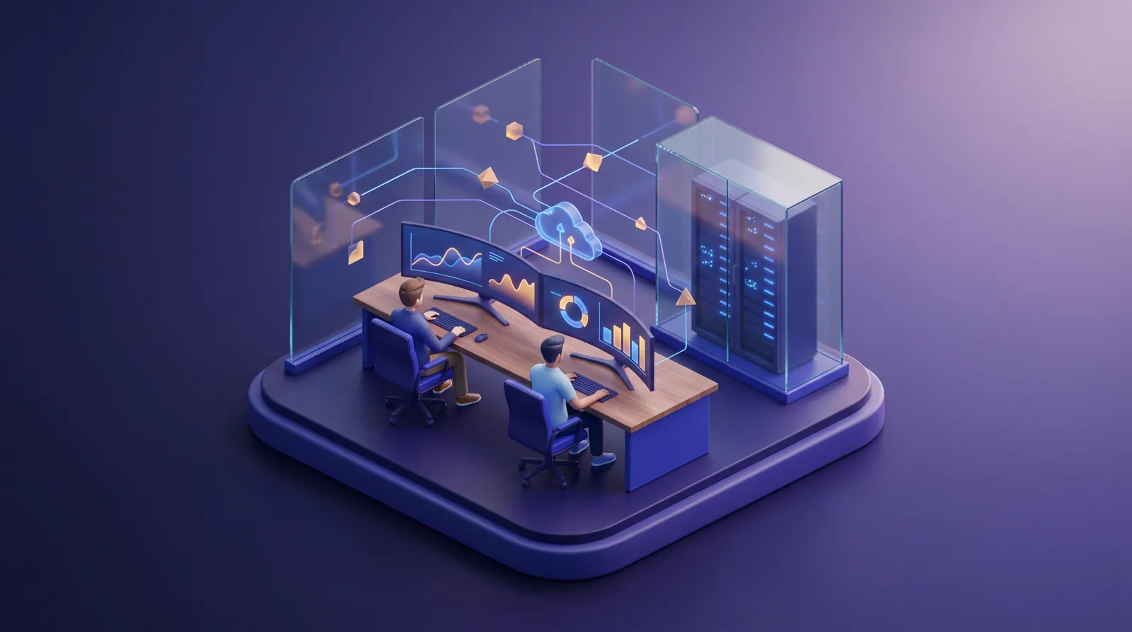 Engineers at a managed service provider reviewing an infrastructure dependency map, patch progress and cloud costs on large monitors