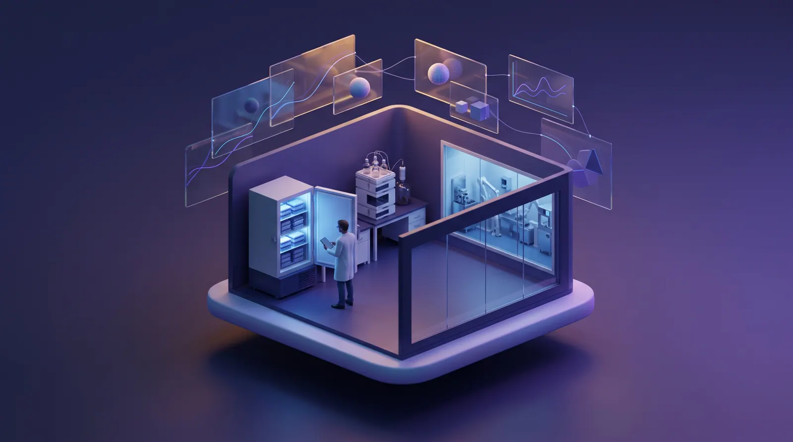Scientist checking a tablet beside an ultra-low-temperature freezer in a biotech lab, with an HPLC and a clean-room suite behind.