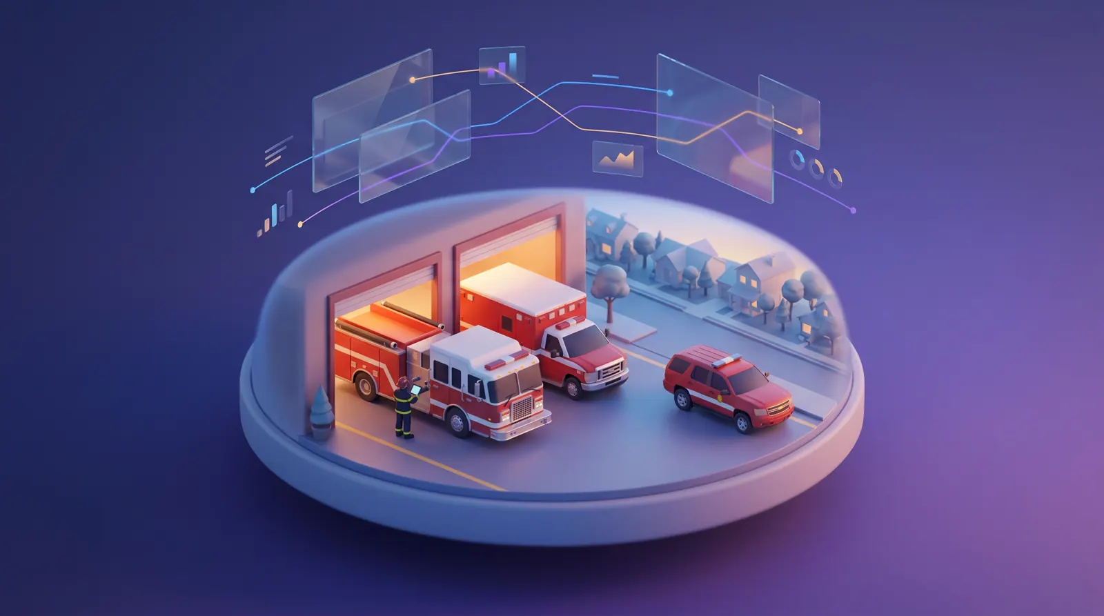 A fire station bay at dawn with an engine and an ambulance, and a firefighter doing the morning apparatus check on a tablet.