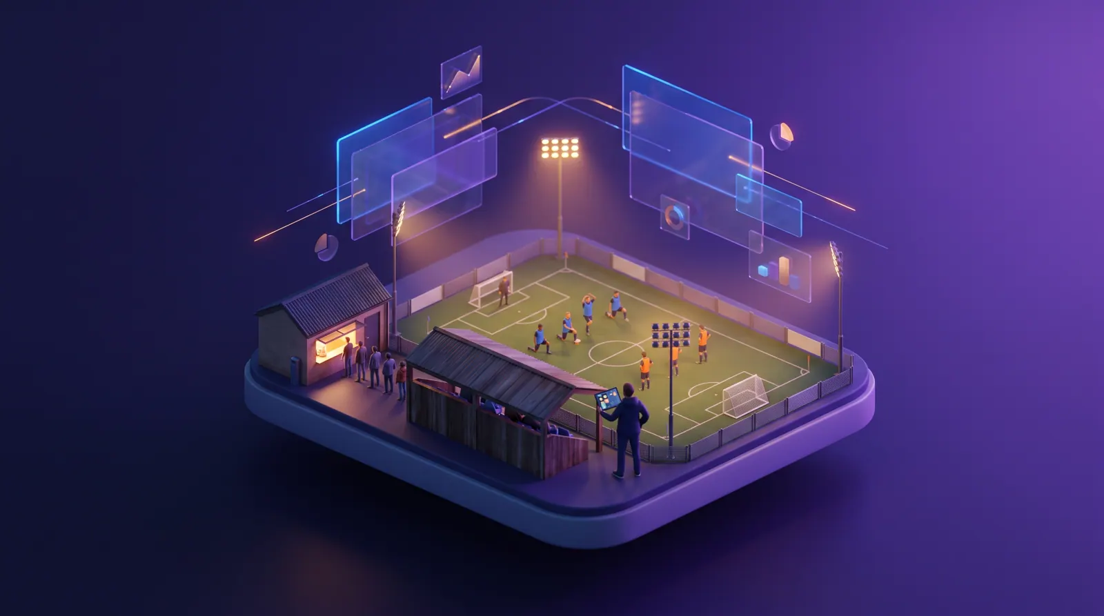 Floodlit community sports ground at dusk with players warming up, a gate queue and a coach checking a squad availability grid on a tablet