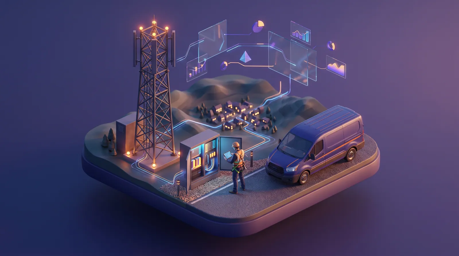 Field technician at a roadside fiber cabinet beneath a cell tower at dusk, with glowing network lines leading to a town.