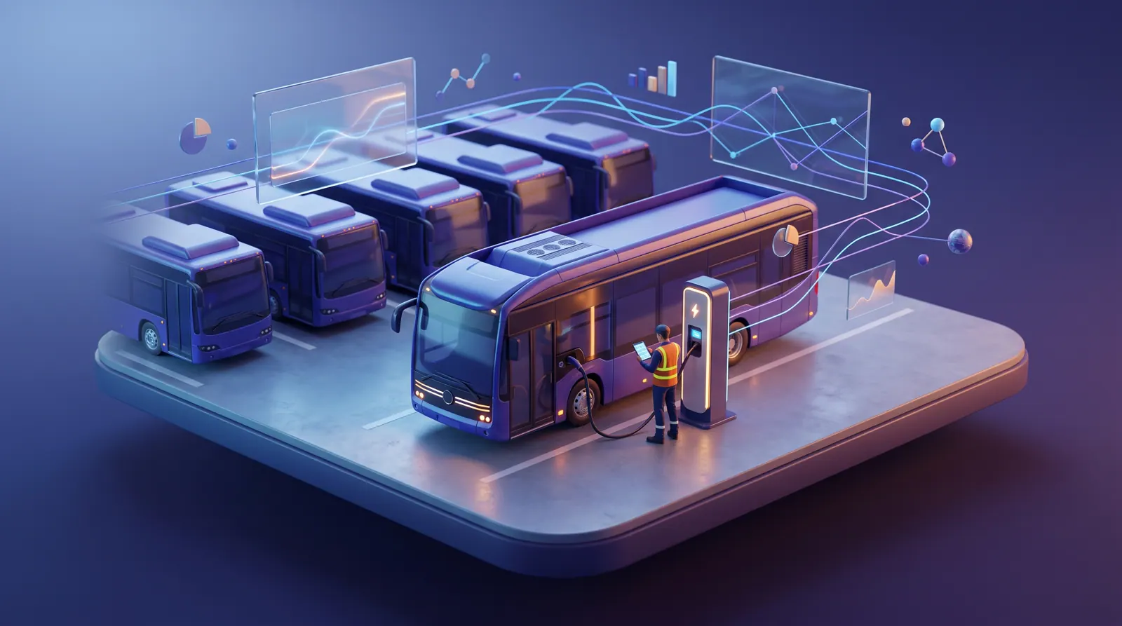 A technician checks a tablet beside an electric bus charging in a depot at dawn.