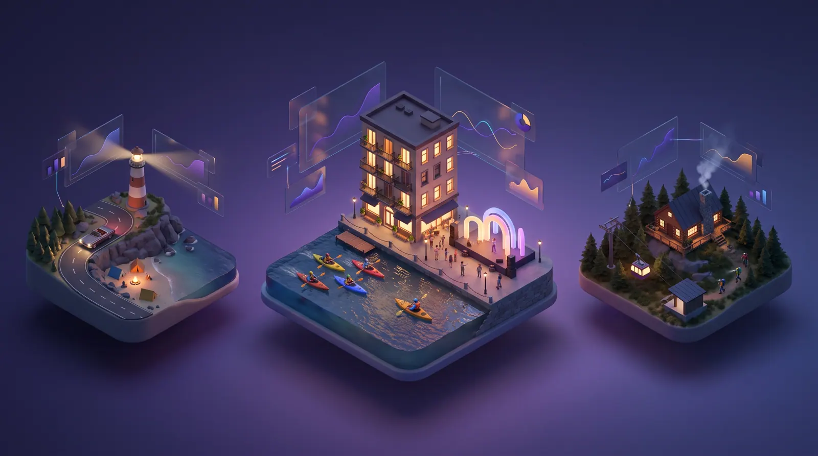 Harbor-side boutique hotel at dusk with a guided kayak group returning and a festival stage glowing along the quay